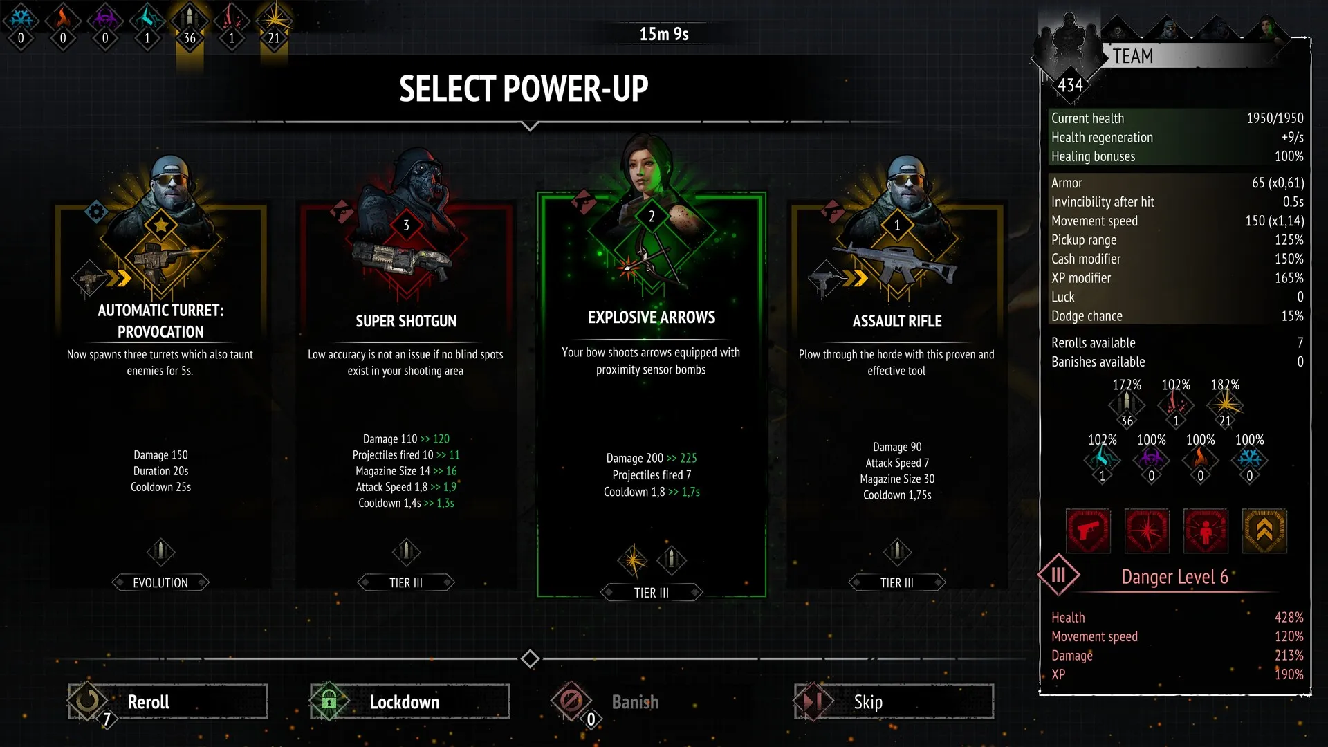 A power-up selection screen showing three upgrade choices