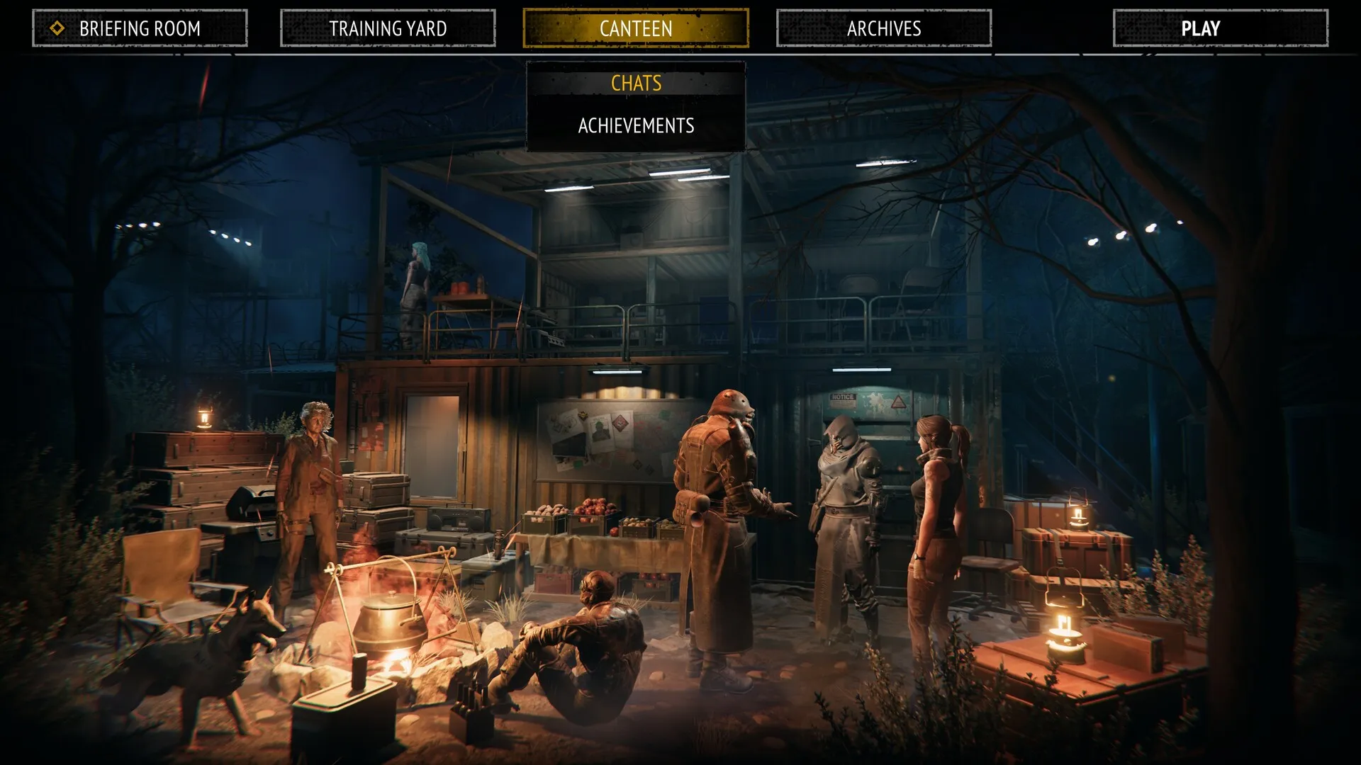 The Survivors' Camp with the squad standing beside its facilities